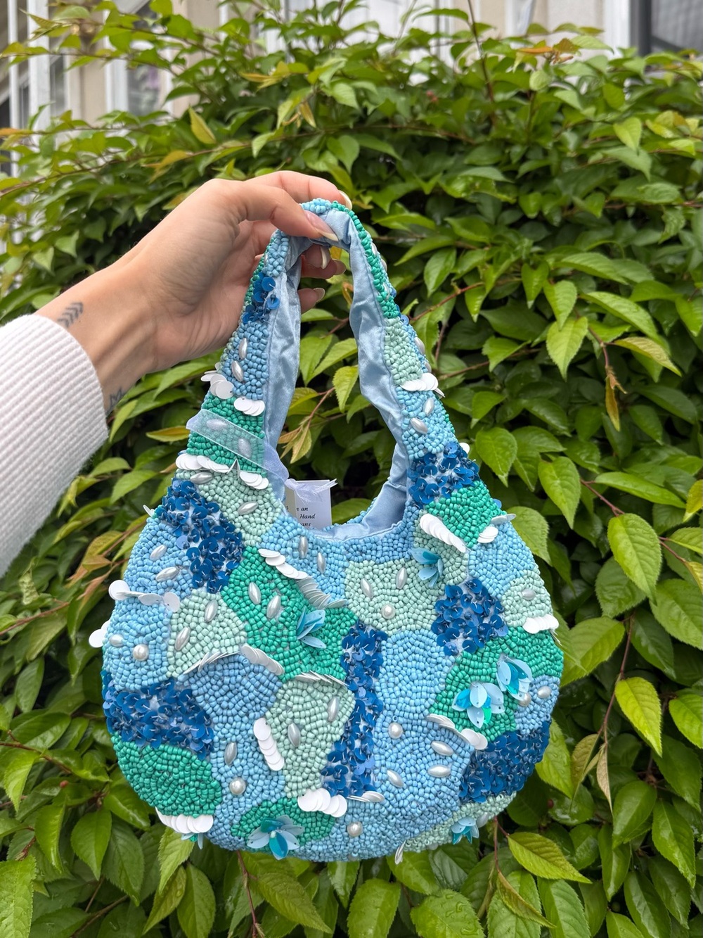 Aqua Mosaic Blue Shell Pearl Beaded Crescent Half Moon Bag Viral TikTok NWT